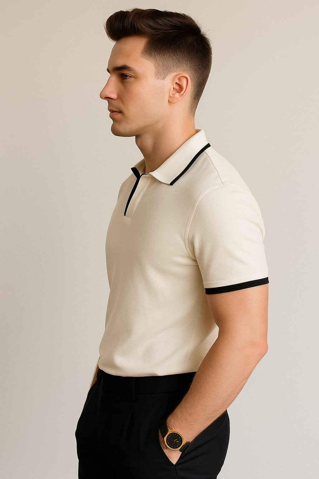 Executive Piped Trim Polo - Ivory & Black Classic - Image 3