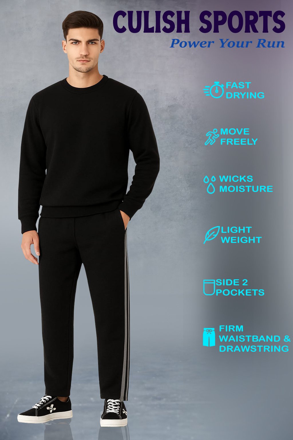 AthliQ Men’s Black Track Pants with Green Drawstring & Dual Side Stripes | Sports & Casual Wear - Image 3